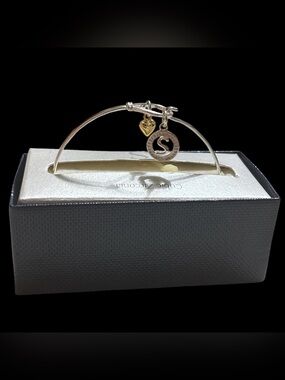 Silver Tone CZ Initial 'S' Expandable Bangle Bracelet with Gold Heart Charm